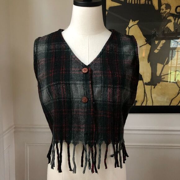 Vintage No Barriers Plaid Wool Fringe Crop Vest L - Picture 1 of 6